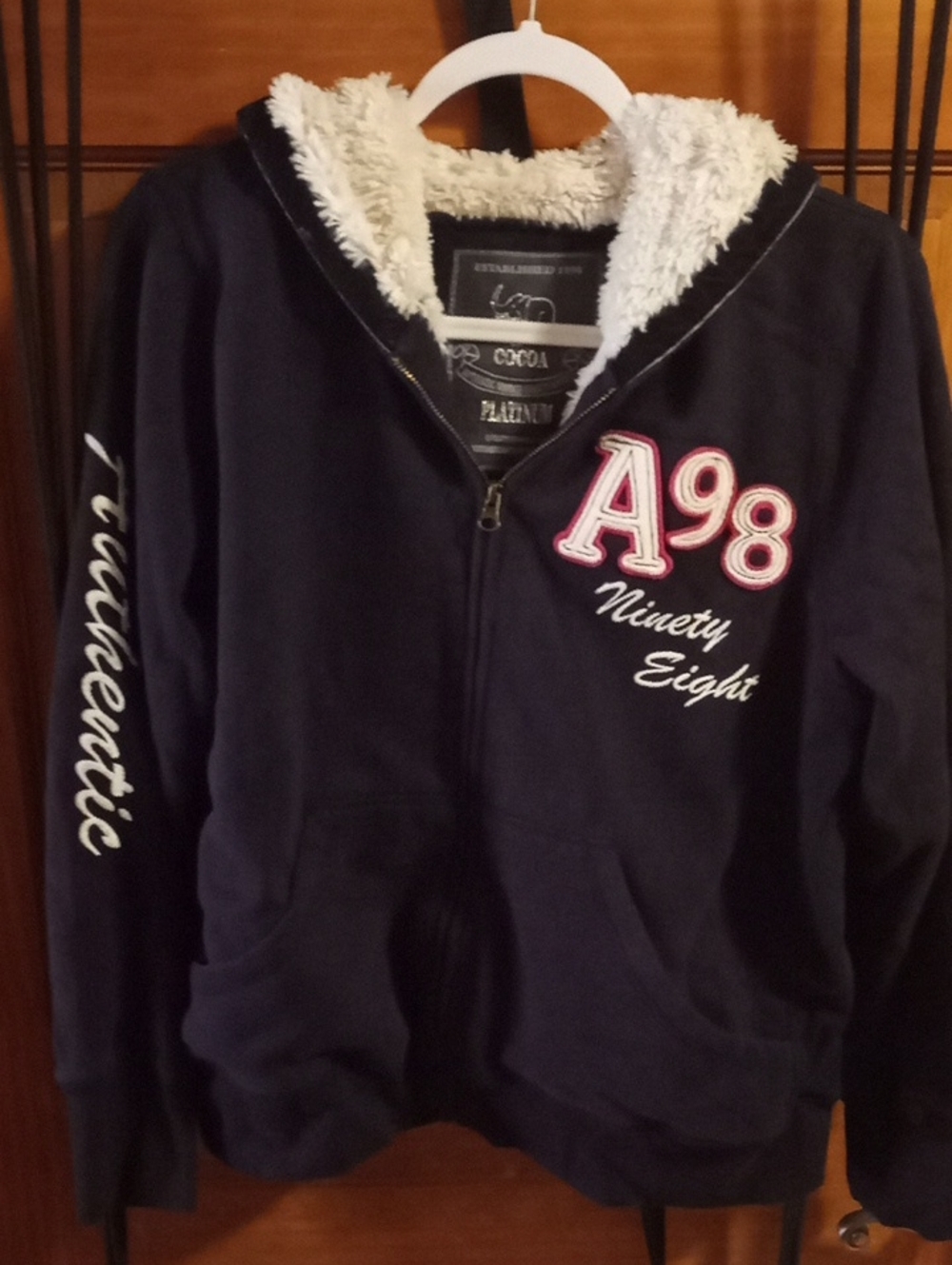 Aeropostale Navy Zip Hoodie with White Sherpa Lining and Pink A98 Patch Womens